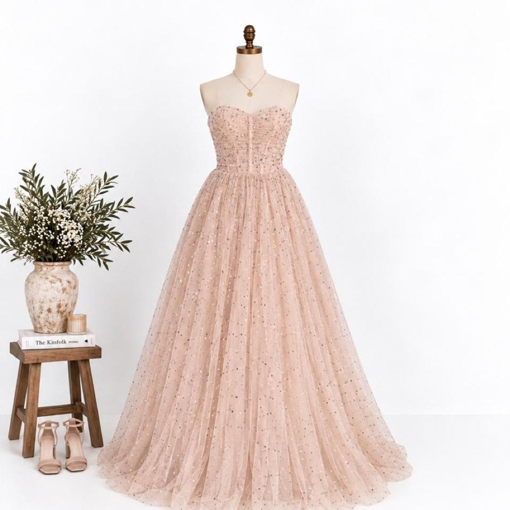 Tarik Ediz Blush Pink Rhinestone Strapless Formal Gown